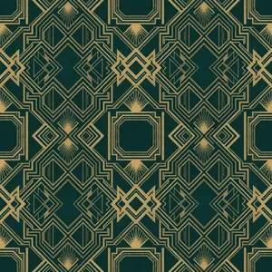 Seamless geometric pattern, Art Deco style, gold lines on deep emerald green background, high resolution texture for print. - XAI Grok Imagine (Quality)