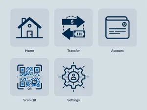 Set of 5 consistent flat design icons for a mobile banking app: 'Home', 'Transfer', 'Account', 'Scan QR', 'Settings'. Monochrome dark blue. - XAI Grok Imagine (Quality)