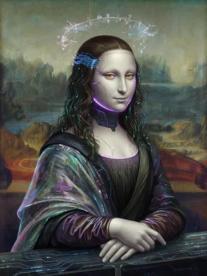 The Mona Lisa reimagined as a futuristic android, rendered in a digital art style that preserves Da Vinci's composition while incorporating sleek cyberpunk aesthetics and technological elements. - XAI Grok Imagine (Quality)