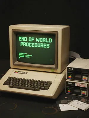 Vintage Apple II computer with green monochrome CRT screen, displaying 'END OF WORLD PROCEDURES' in green text. Two external floppy drives stacked on the right, labeled disk II with rainbow Apple logos. Beige casing, black background, retro aesthetic. - XAI Grok Imagine (Quality)