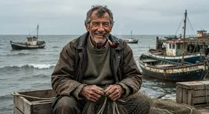 A 4K photo of an old fisherman with a weathered face and a pipe, grinning. - XAI Grok Imagine
