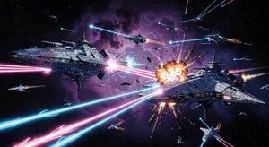 A 90s anime-style space battle scene with giant starships and laser beams. - XAI Grok Imagine