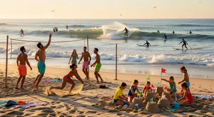 A beach scene: adults playing volleyball, kids building sandcastles, and surfers riding waves. - XAI Grok Imagine