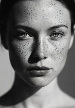 A black and white close-up portrait of a freckled woman with an intense gaze. - XAI Grok Imagine