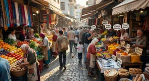 A bustling market scene with dozens of people buying and selling goods. - XAI Grok Imagine
