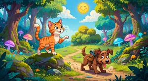 A cartoon of a cat and a dog on an adventure, drawn in a colorful 2D style. - XAI Grok Imagine