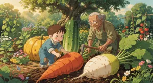 A child and elder tending oversized vegetables in a garden. Reproduce the artistic style of Studio Ghibli, with their distinctive character proportions and detailed plant illustrations. - XAI Grok Imagine