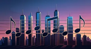 A city skyline that forms the shape of musical notes on a staff, created in a stylized graphic design aesthetic with clean architectural lines and dramatic twilight colors. - XAI Grok Imagine