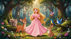 A classic Disney-like 2D cartoon princess singing with animals in a forest. - XAI Grok Imagine