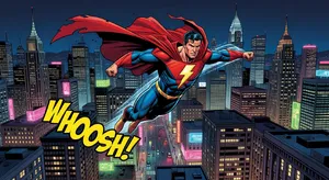 A comic-book style superhero flying over a city at night, with halftone shading. - XAI Grok Imagine