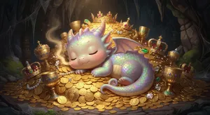 A cute chibi-style dragon sleeping on a pile of gold. - XAI Grok Imagine