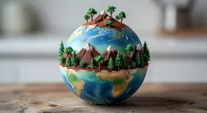 A dessert cake that looks like a tiny planet, complete with miniature trees and mountains, photographed in a professional food photography style with tilt-shift focus effect. - XAI Grok Imagine