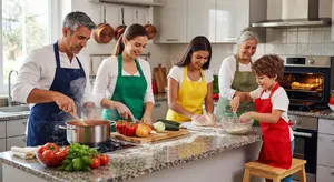 A family cooking together in a kitchen, each person busy with a different task. - XAI Grok Imagine