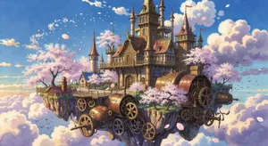 A floating steampunk castle in the sky with intricate mechanical gears and cherry blossom trees, illustrated in Hayao Miyazaki's Castle in the Sky (1986) art style with watercolor textures and detailed line work. - XAI Grok Imagine