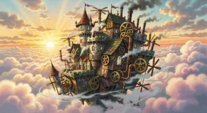 A flying castle floating in clouds at sunrise. Match the visual aesthetic of 'Howl's Moving Castle' by Studio Ghibli, with Miyazaki's blend of steampunk elements and fantasy. - XAI Grok Imagine
