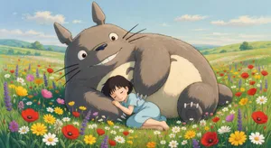 A girl and a giant fluffy creature napping in a wildflower meadow. Reproduce the art style of 'My Neighbor Totoro' by Studio Ghibli, with Miyazaki's soft character designs. - XAI Grok Imagine