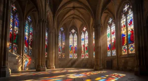 A Gothic cathedral interior at sunset with light streaming through detailed stained glass windows, creating colored patterns on stone floors and columns. Show accurate ribbed vaulting. - XAI Grok Imagine