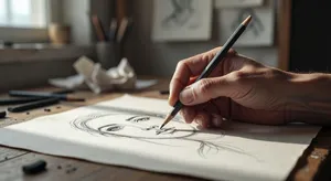 A hand drawing a sketch on paper with a pencil, the hand and pencil tip in clear focus. - XAI Grok Imagine