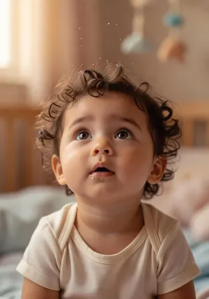 A hyper-realistic photo of a toddler with curly hair and big eyes, looking upward. - XAI Grok Imagine