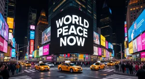 A large storefront billboard at Times Square displaying the slogan “WORLD PEACE NOW” in bold, clear letters, amidst a vibrant cityscape at night. - XAI Grok Imagine