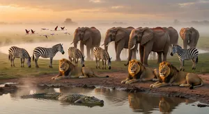 A misty dawn at an African savanna watering hole where elephants, lions, and zebras coexist in tense harmony, with a crocodile partially submerged in the foreground and flamingos taking flight in the background, golden hour lighting. - XAI Grok Imagine