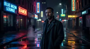 A nighttime portrait of a man lit by neon signs on a city street. - XAI Grok Imagine