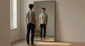 A person standing before a mirror, with their front and reflected back both visible. - XAI Grok Imagine