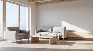 A photorealistic interior of a modern Scandinavian-style living room with natural light streaming through floor-to-ceiling windows. Show detailed wood textures, fabric materials, and proper light reflections. - XAI Grok Imagine