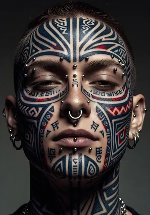 A portrait of a person with elaborate facial tattoos and piercings, shown in sharp detail. - XAI Grok Imagine