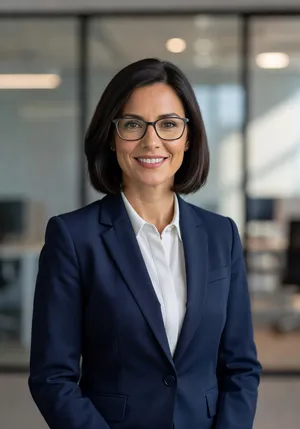 A professional headshot of a businesswoman wearing glasses, against a blurred background. - XAI Grok Imagine
