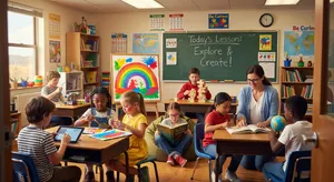 A school classroom of children and a teacher, each student engaged in a different activity. - XAI Grok Imagine