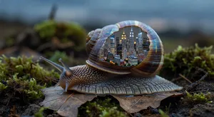 A snail whose shell contains a miniature city skyline, depicted in a hyperrealistic macro photography style with intricate architectural details and ambient lighting. - XAI Grok Imagine