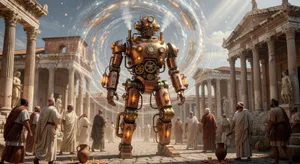 A steampunk robot time-traveling in ancient Rome, depicted in a detailed cinematic style that blends historical accuracy with copper and brass retrofuturistic aesthetics. - XAI Grok Imagine