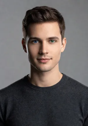 A studio headshot of a young man with one blue eye and one green eye (heterochromia). - XAI Grok Imagine