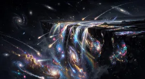A waterfall that pours out stars and galaxies instead of water, illustrated in a cosmic fantasy style with vibrant space colors and dramatic lighting effects. - XAI Grok Imagine
