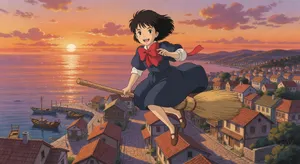 A young witch flying on a broomstick above a coastal town at sunset. Exact art style of 'Kiki's Delivery Service' by Studio Ghibli, with Miyazaki's character design and warm colors. - XAI Grok Imagine