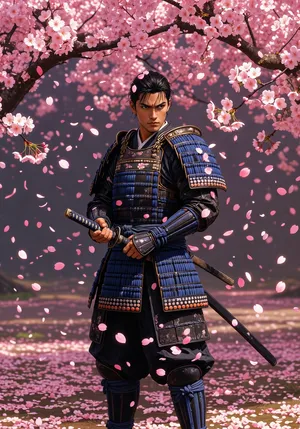 An anime-style portrait of a samurai standing under pink cherry blossoms. - XAI Grok Imagine
