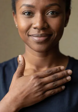 Photorealistic close-up portrait of a person clearly performing the American Sign Language gesture for 