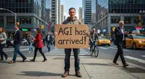 Photorealistic daytime street photograph, clearly showing a man standing still on a busy urban street corner holding a rectangular cardboard sign clearly facing camera, handwritten bold black marker text clearly readable as 