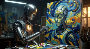 Photorealistic image of a robot painting a realistic self-portrait (i.e. the robot) on canvas, mimicking Van Gogh’s art style; clear, realistic metallic textures and painting details visible - XAI Grok Imagine