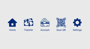 Set of 5 consistent flat design icons for a mobile banking app: 'Home', 'Transfer', 'Account', 'Scan QR', 'Settings'. Monochrome dark blue. - XAI Grok Imagine