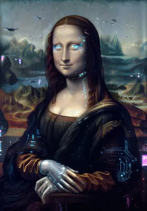 The Mona Lisa reimagined as a futuristic android, rendered in a digital art style that preserves Da Vinci's composition while incorporating sleek cyberpunk aesthetics and technological elements. - XAI Grok Imagine