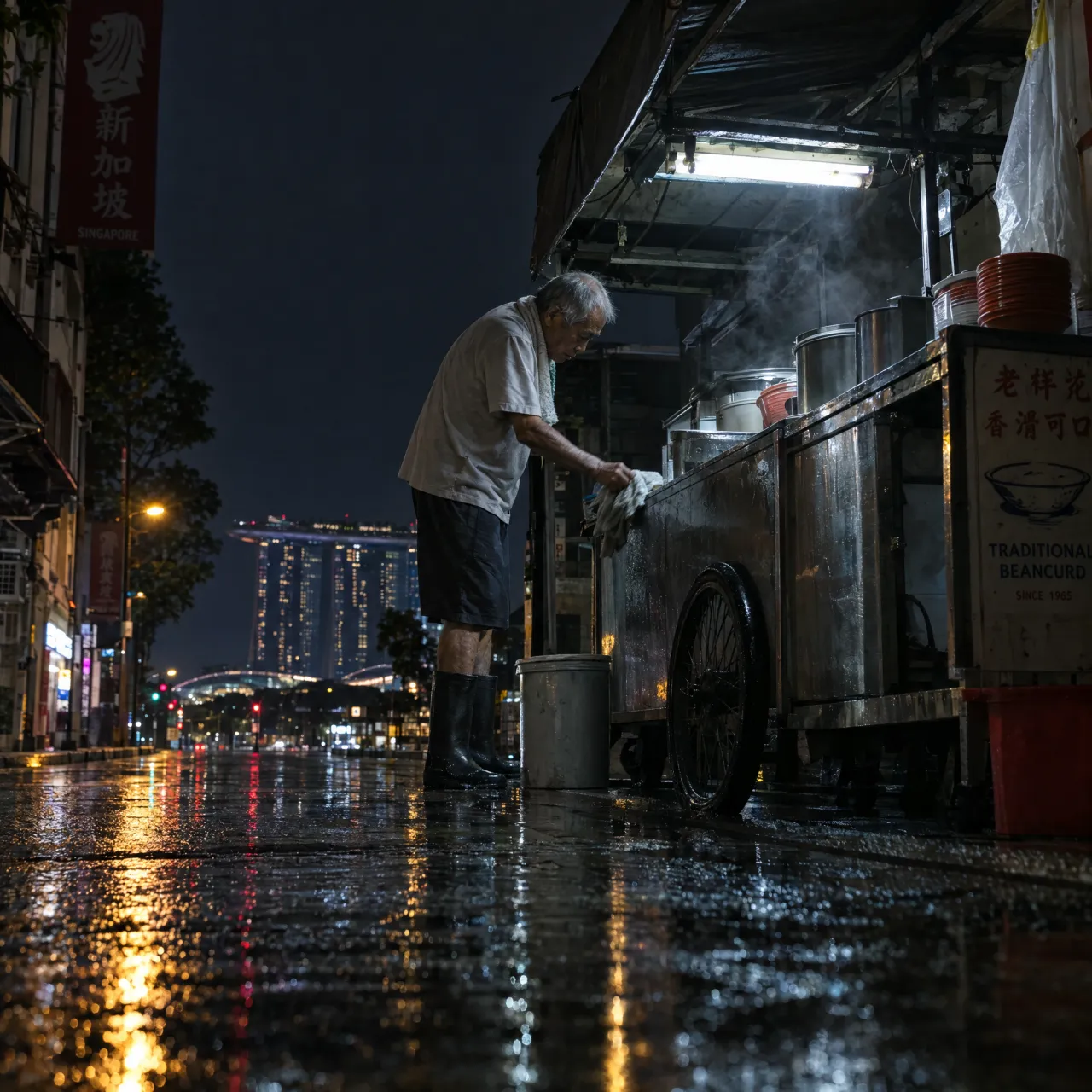 Rain-slicked Singapore street, 3 AM. A lone elderly hawker cleans his cart under one… - OpenAI GPT Image 2.5 Flare