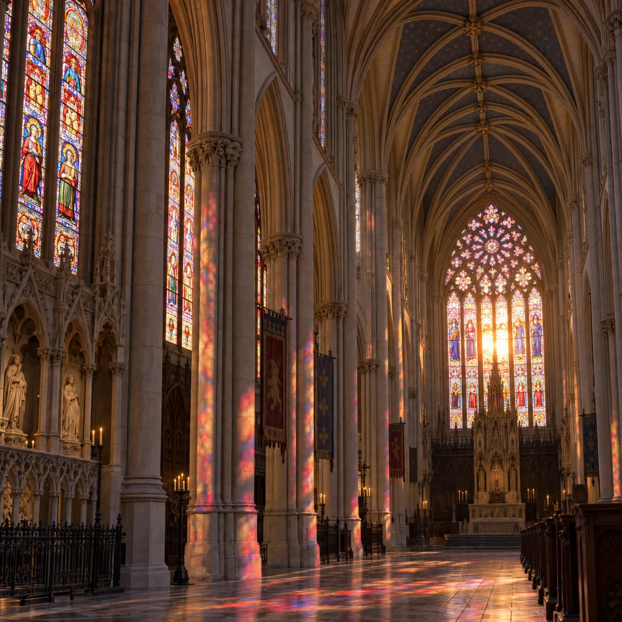 A Gothic cathedral interior at sunset with light streaming through detailed stained glass… - OpenAI GPT Image 2.5 Sunburst