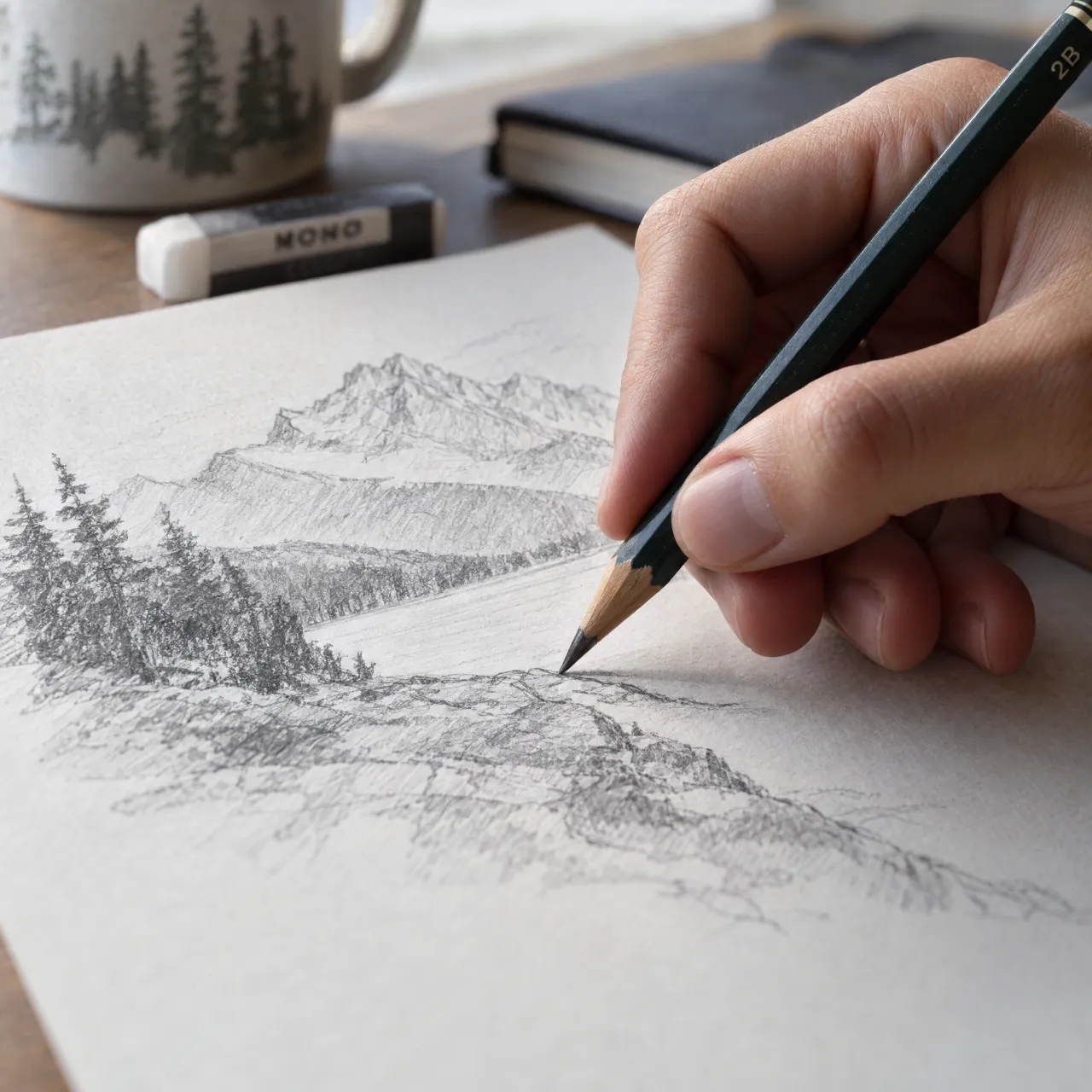 A hand drawing a sketch on paper with a pencil, the hand and pencil tip in clear focus - OpenAI GPT Image 2.5 Sunburst