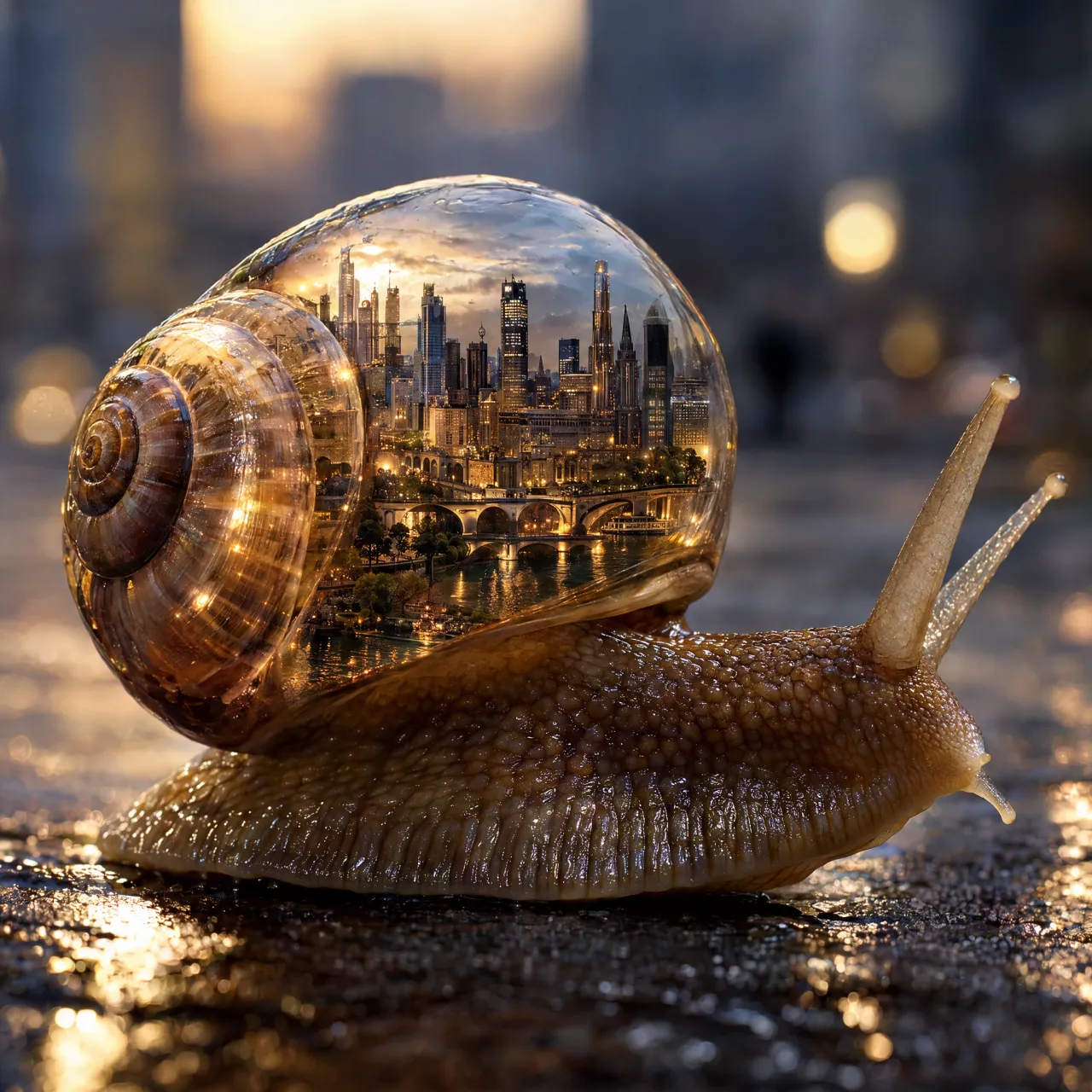 A snail whose shell contains a miniature city skyline, depicted in a hyperrealistic macro… - OpenAI GPT Image 2.5 Sunburst