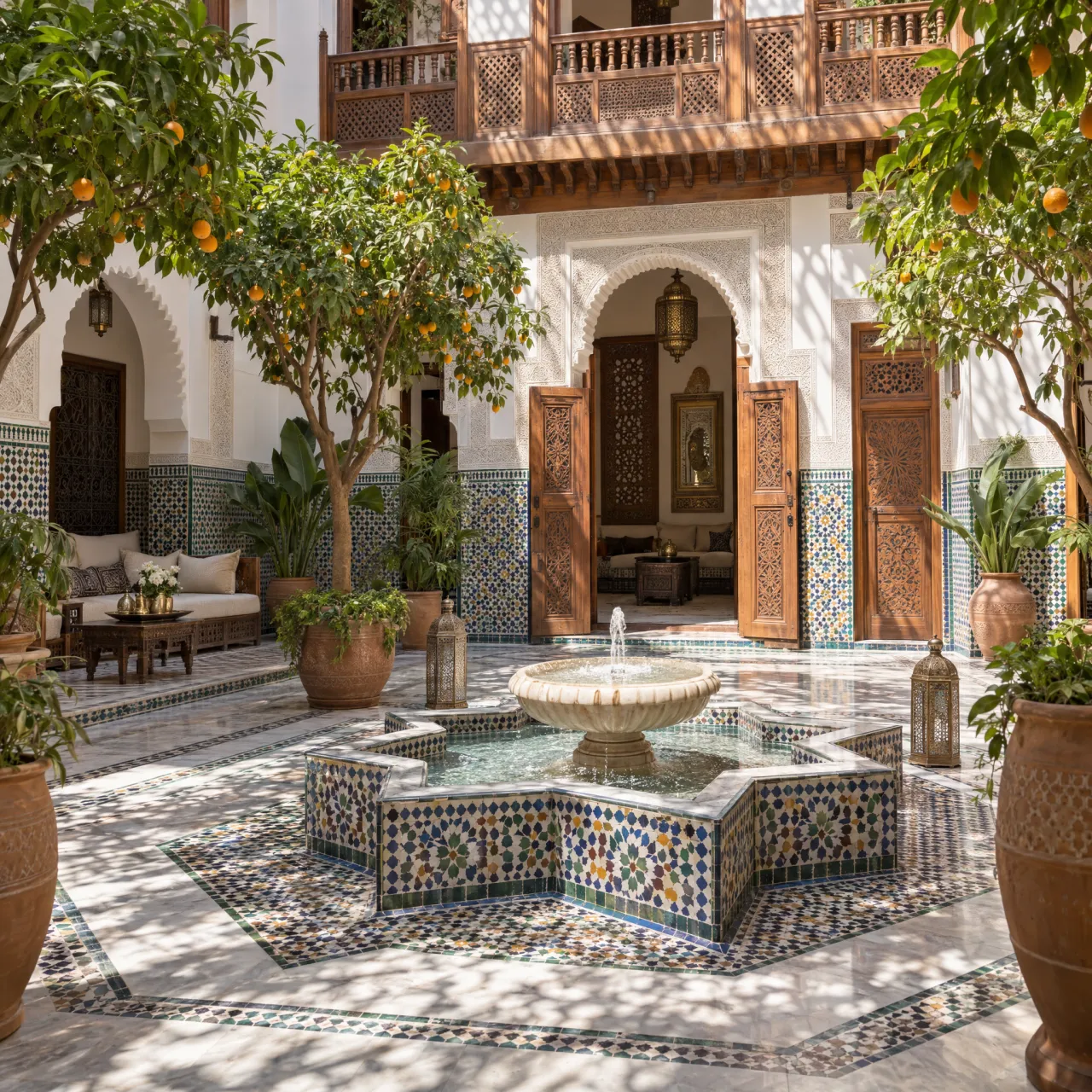 A traditional Moroccan riad courtyard with detailed zellige tilework, flowing fountain… - OpenAI GPT Image 2.5 Sunburst