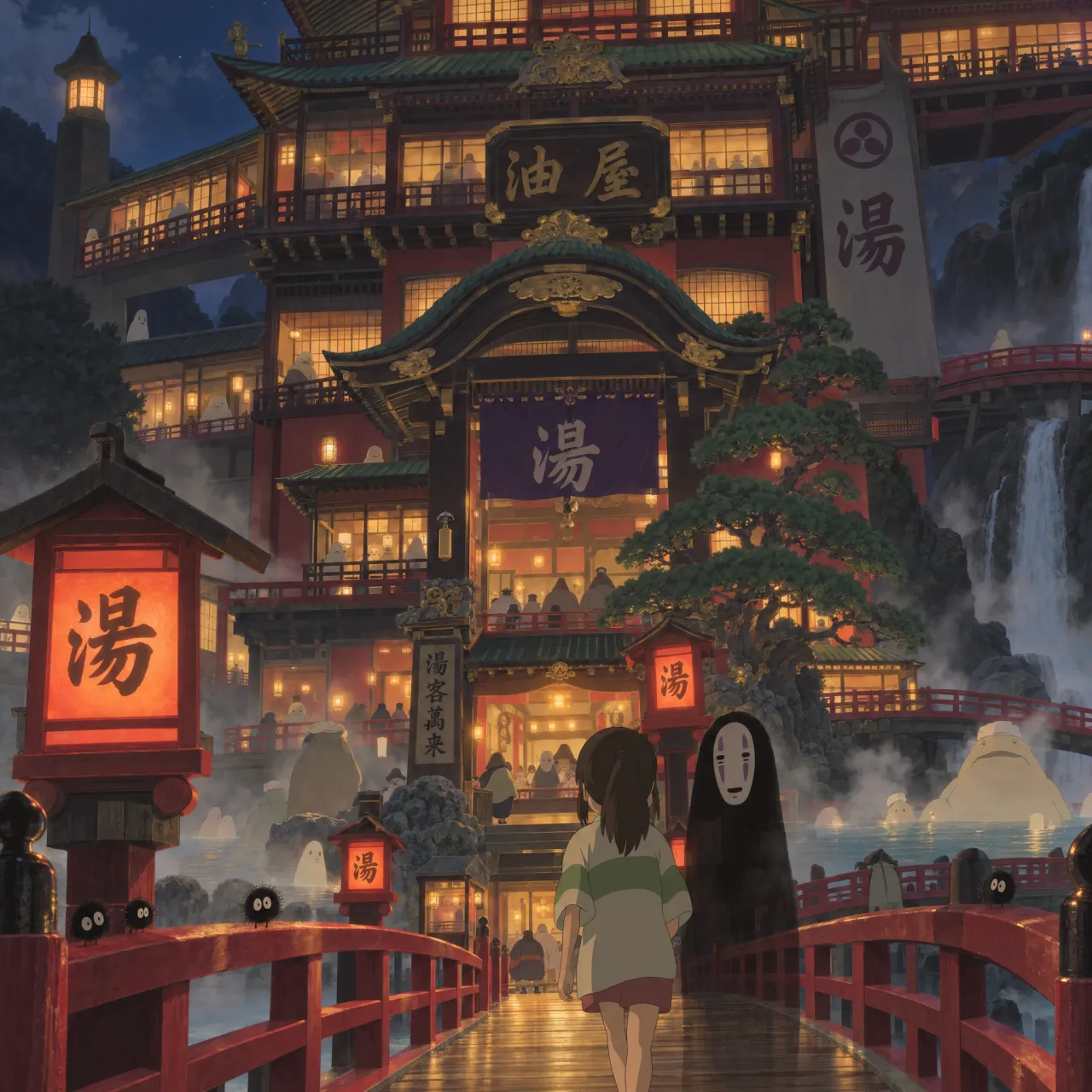 An enchanted bathhouse with glowing lanterns and spirits. Recreate the visual style of… - OpenAI GPT Image 2.5 Sunburst