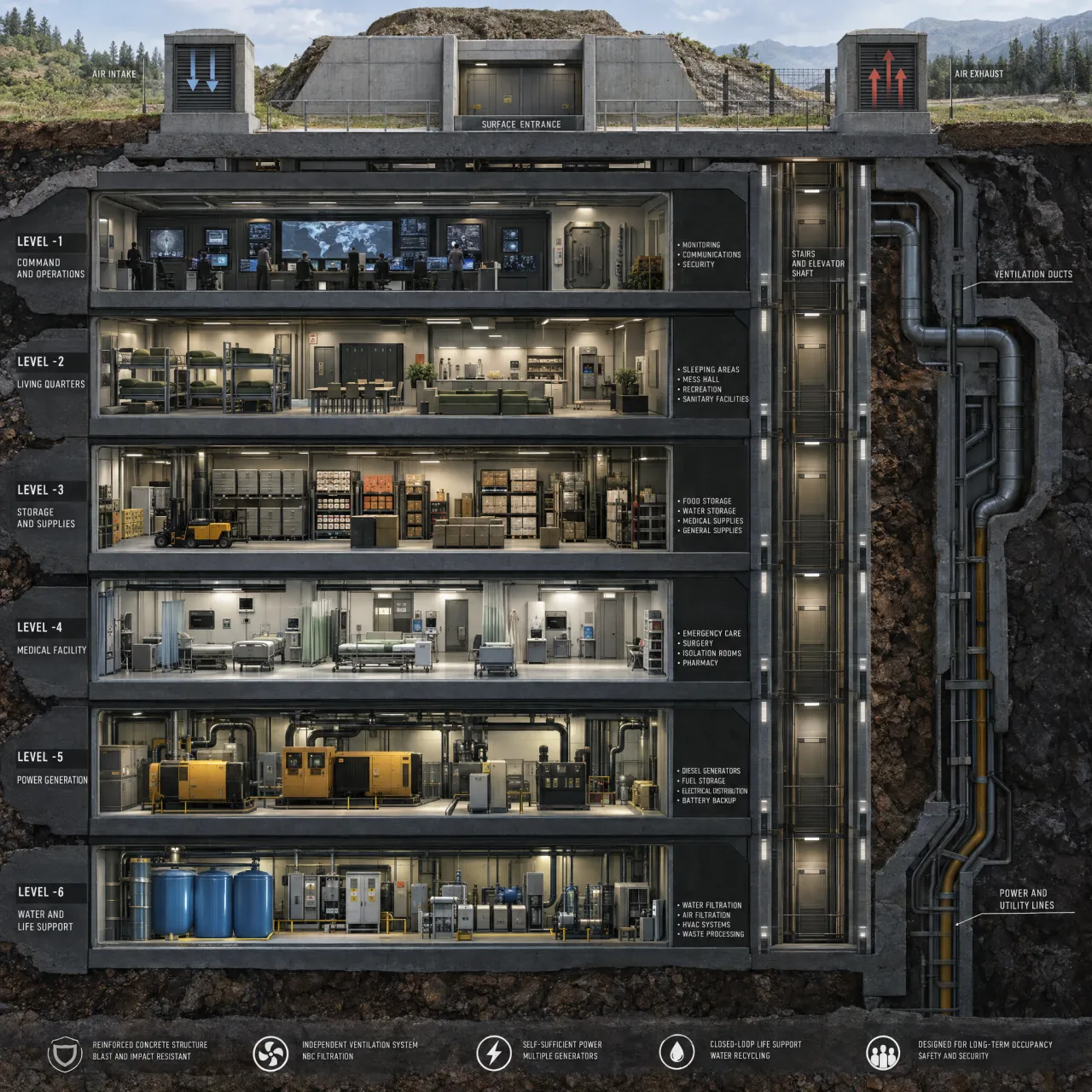 Cross-section rendering of a multi-level underground bunker with different functional… - OpenAI GPT Image 2.5 Sunburst