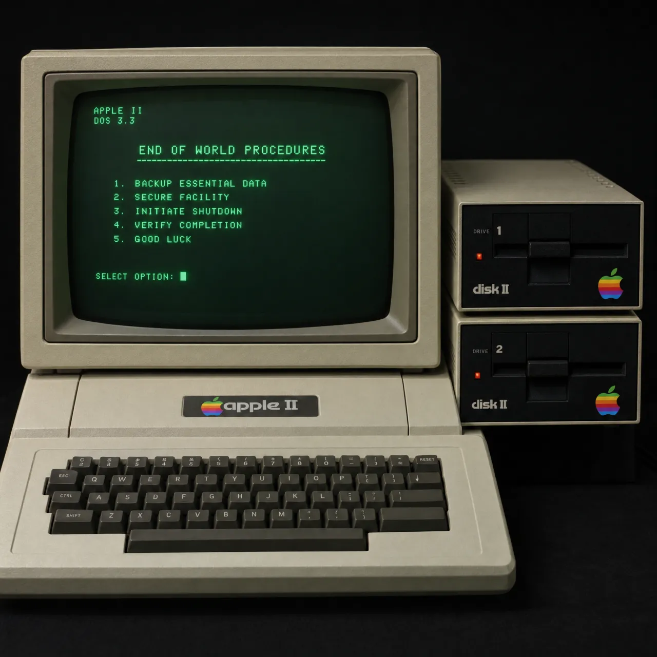 Vintage Apple II computer with green monochrome CRT screen, displaying 'END OF WORLD… - OpenAI GPT Image 2.5 Sunburst